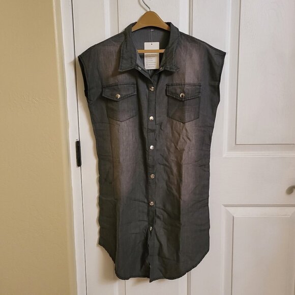 NXH Black Distress Denim Sleeveless Pocket Button Up Dress NWT Size Medium - Picture 2 of 8